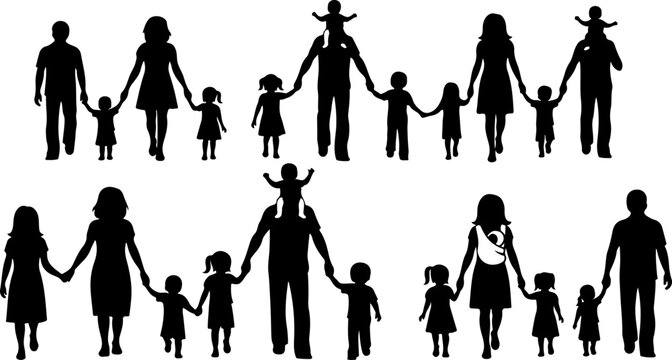 Family, parents, children, silhouettes, walking, togetherness, parenthood, childhood, bonding, unity, teamwork, people, group, companionship, caring, support, community, crowd, adults and kids, love, 