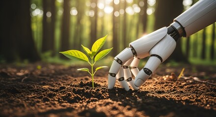 Robot hand planting a young tree sapling in a forest environment