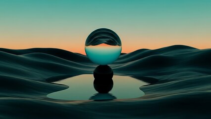 A captivating scene of a reflective sphere resting on a dark, undulating landscape, mirroring the vibrant hues of a sunset sky, creating a serene and abstract visual