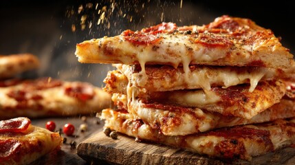 A stack of golden-brown pepperoni pizza slices sits on a rustic wooden board. Melted cheese and spices glisten under warm lighting, showcasing fresh ingredients.
