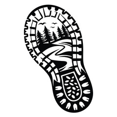 Black and white shoe print showcases mountain landscape and trees, a monochrome design