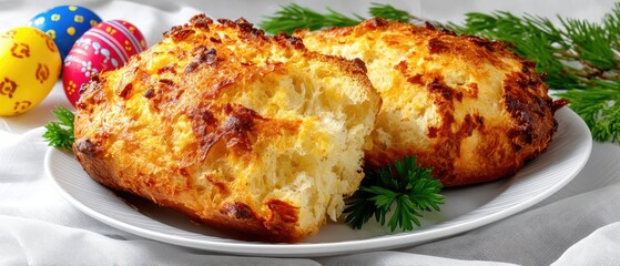 Easter cake with colored eggs and fresh herbs on a light background for holiday cooking and e-commerce advertising