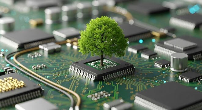 Green technology concept tree growing from a computer chip on circuit board - Powered by Adobe