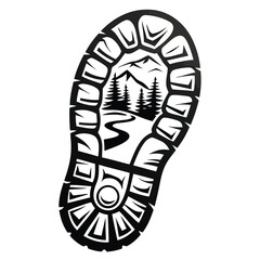 Detailed boot print showcases a peaceful forest landscape with winding river inside its shape