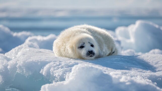A young white seal pup lies comfortably on a floating piece of ice in the Arctic. The surrounding area is blanketed in snow, creating a serene winter environment.