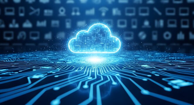 Cloud computing concept with digital circuit board and glowing cloud icon
