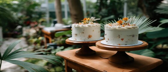 Two beautiful easter cakes decorated with colorful sprinkles sit elegantly on a wooden stand in a serene winter garden, perfect for celebration and delight