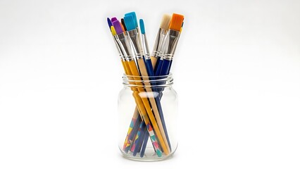 A vibrant collection of colorful artists paintbrushes neatly arranged in a clear glass jar, ready for creative expression, isolated on white background
