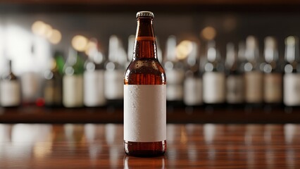 Cold brown beer bottle mockup with blank label on wooden bar counter