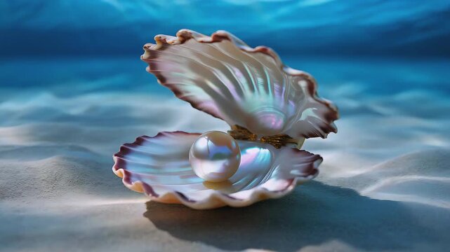 Cinematic Underwater Video of Seashell with Lustrous Pearl in Sunlit Turquoise Water