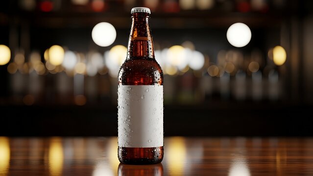 Cold brown beer bottle mockup with blank white label on wooden bar counter - Powered by Adobe
