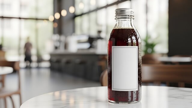 Cold brew coffee bottle mockup with blank label on marble table in cafe