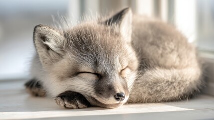 Obraz premium A gray fox cub rests comfortably with its eyes closed, snuggled on a windowsill. Sunlight filters through, creating a warm and cozy atmosphere perfect for napping.