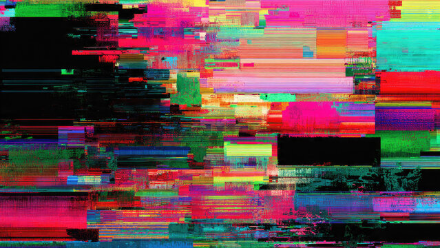 Vibrant abstract digital glitch art featuring horizontal and vertical pixel distortions in a chaotic, colorful pattern with strong neon aesthetics.
