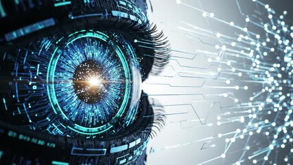 Bionic eye with digital circuit patterns and data network representing artificial intelligence and future technology - Powered by Adobe