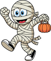 Cute cartoon mummy character holding small pumpkin, funny Halloween mascot illustration, happy monster design, spooky costume art, festive background