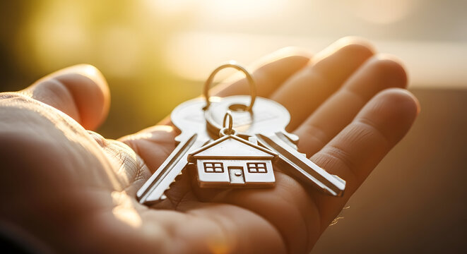 Hand holding house keys with a charm symbolizing home ownership and new beginnings