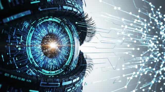 Bionic eye with digital circuit patterns and data network representing artificial intelligence and future technology