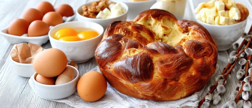 Easter dessert display featuring a vibrant cake and colorful eggs alongside willow branches on a festive table setting