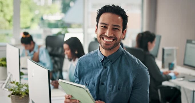 Happy man, face and coordinator with tablet in agency for company management in office. Portrait, businessman or project manager with smile or team on technology for performance review in workplace