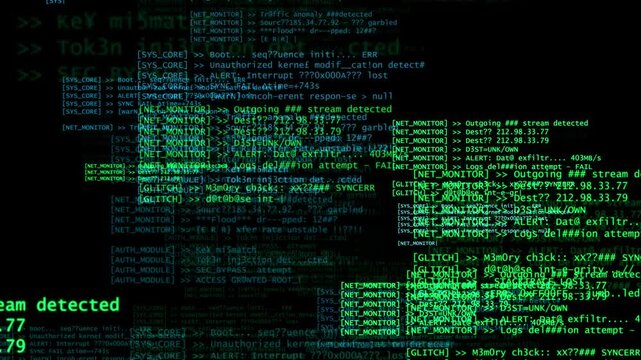 Chaotic green code, system logs, and error messages fill the screen, creating a visual of data breaches, system failures, glitches, and cyber intrusion in a high-pressure digital environment.