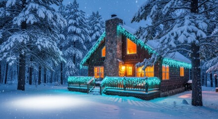 Cozy Winter Cabin Lights Snowfall Night