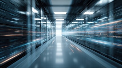 Obraz premium A futuristic corridor of a data center showcases rows of servers, illuminated by bright lights that create a sense of motion and activity throughout the space.