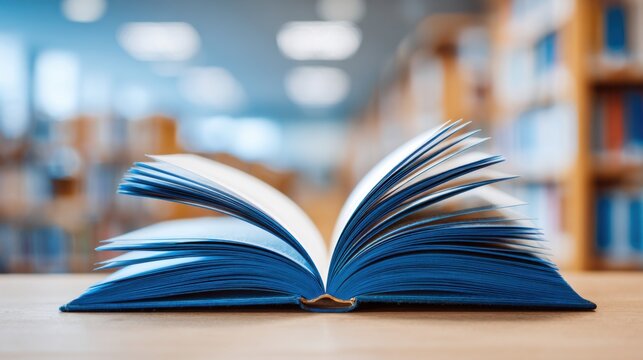 An open blue book lies on a wooden table, showcasing its pages. The background features blurred bookshelves filled with various books, creating a peaceful library atmosphere.