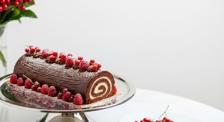 Festive Chocolate Log Cake with Fresh Raspberries