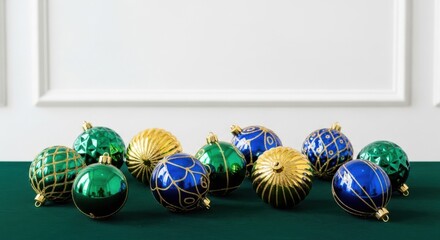Festive Holiday Ornaments on Emerald Green Table