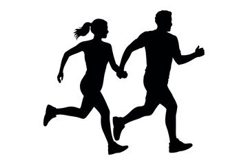 A couple holds hands while running together for fitness and health.