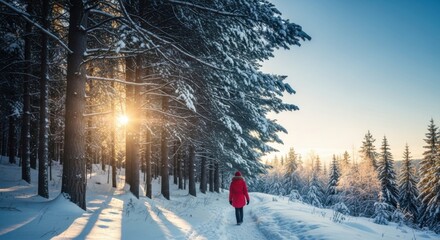 Winter Solitude: Woman Walking Through Snowy Forest