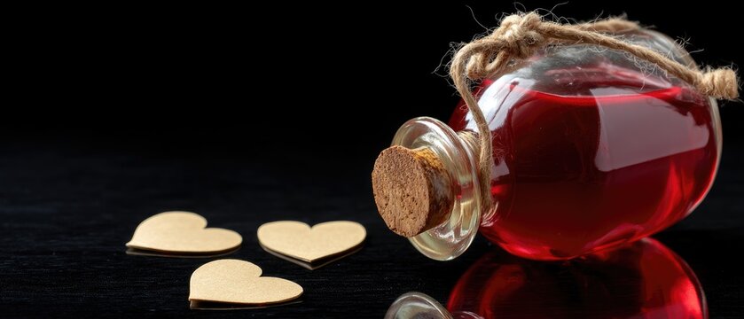 Red rose essential oil bottle and heart-shaped paper cutouts on a glossy black surface create a charming and romantic display