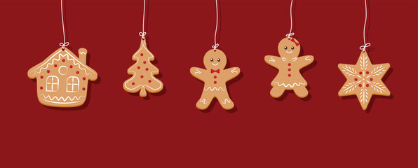 Merry Christmas banner, cards or background, design template. Homemade gingerbread man cookie theme concept, holiday fair and sale. Vector illustration.