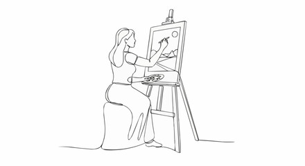 Continuous line drawing of a woman painting on an easel, capturing the essence of artistic creation.