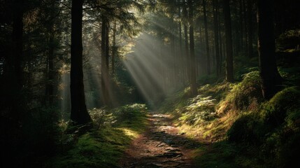 Fototapeta premium Morning rays of sunlight brighten a tranquil forest path, casting shadows on the lush greenery and creating a peaceful atmosphere for walkers and nature lovers.