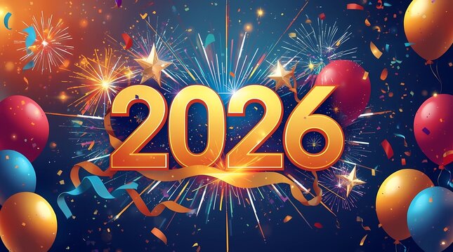 Celebrating the new year with fireworks and balloons for the year twenty twenty six ahead of us all