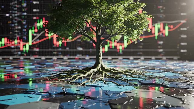 Growth and finance a vibrant tree with roots on a shattered digital platform and market graphs