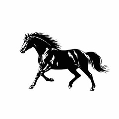 Black silhouette of a powerful horse running gracefully.