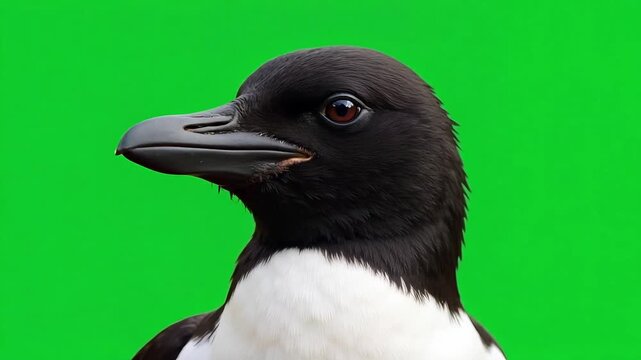 Captivating razorbill close-up against vibrant chroma green background, perfect for animal documentary or educational video about arctic seabirds