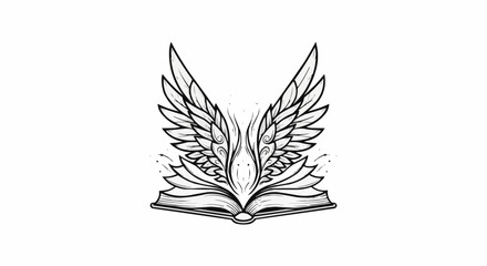 An open book with large feathered wings spreading out.