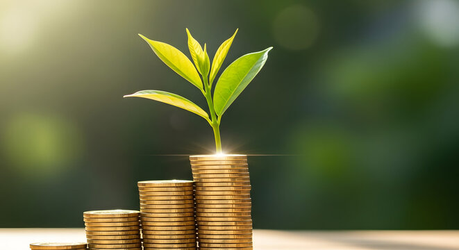 Green sprout growing from stack of gold coins symbolizing financial growth and investment success - Powered by Adobe