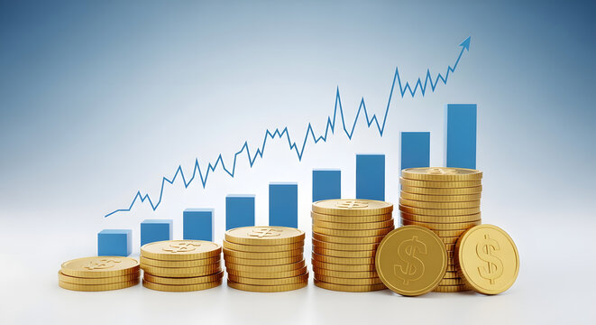 Rising stacks of gold coins and blue bar graph against a blue gradient background with a stock market chart