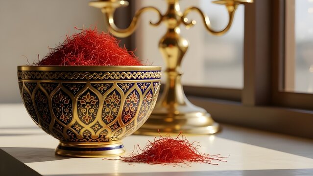 Exquisite saffron threads in an ornate bowl with golden candelabra