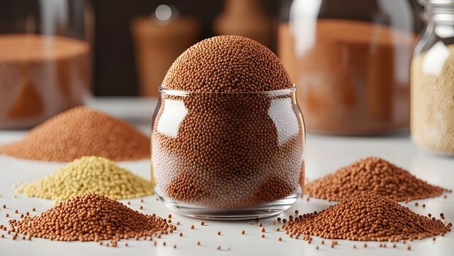 Finger millet seeds in glass jar with piles of ragi grains