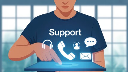 Customer Support Interaction: A person wearing a Support shirt interacts with a futuristic digital interface representing customer service channels like phone, email, and live chat.