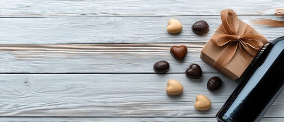 Red wine and chocolates gift box with heart-shaped ribbon on wooden background create a romantic flat lay arrangement for special occasions