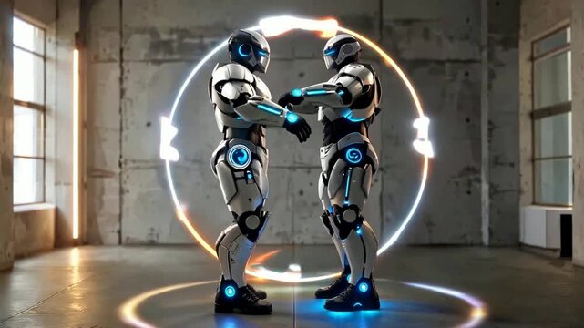 Two futuristic robots interacting within a glowing energy circle.