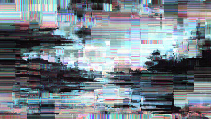 A captivating digital glitch art piece transforming a landscape into an abstract, pixelated dream. Fragmented blocks of blue, black, and pastel hues create a mesmerizing, distorted reality.
