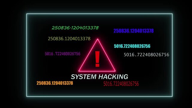 SYESTEM HACKING security breach computer hacking warning message hacked alert. microprocessor connections and data processing on black background.	
